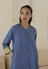 Kurta set for women, in blue checks, from Surmaye. Made in handwoven silk modal with a relaxed silhouette. Vibrant contrast-yellow striped fabric detailing.