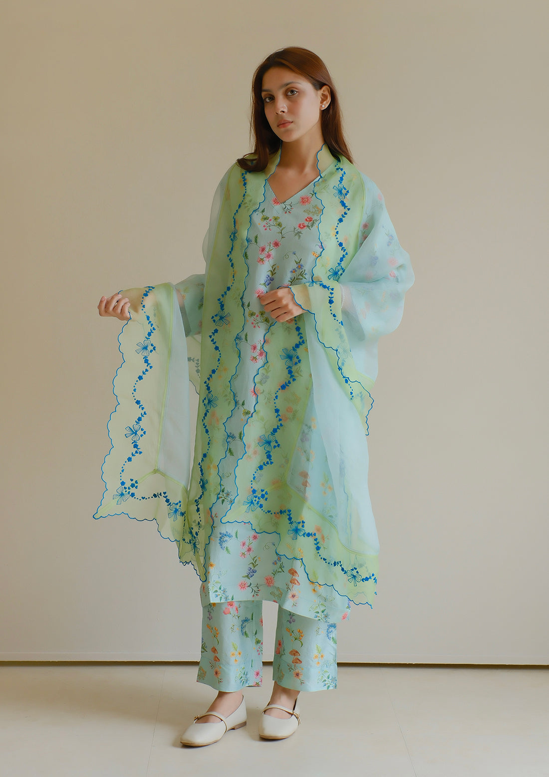 Floral Symphony Embroidered Blue Dupatta