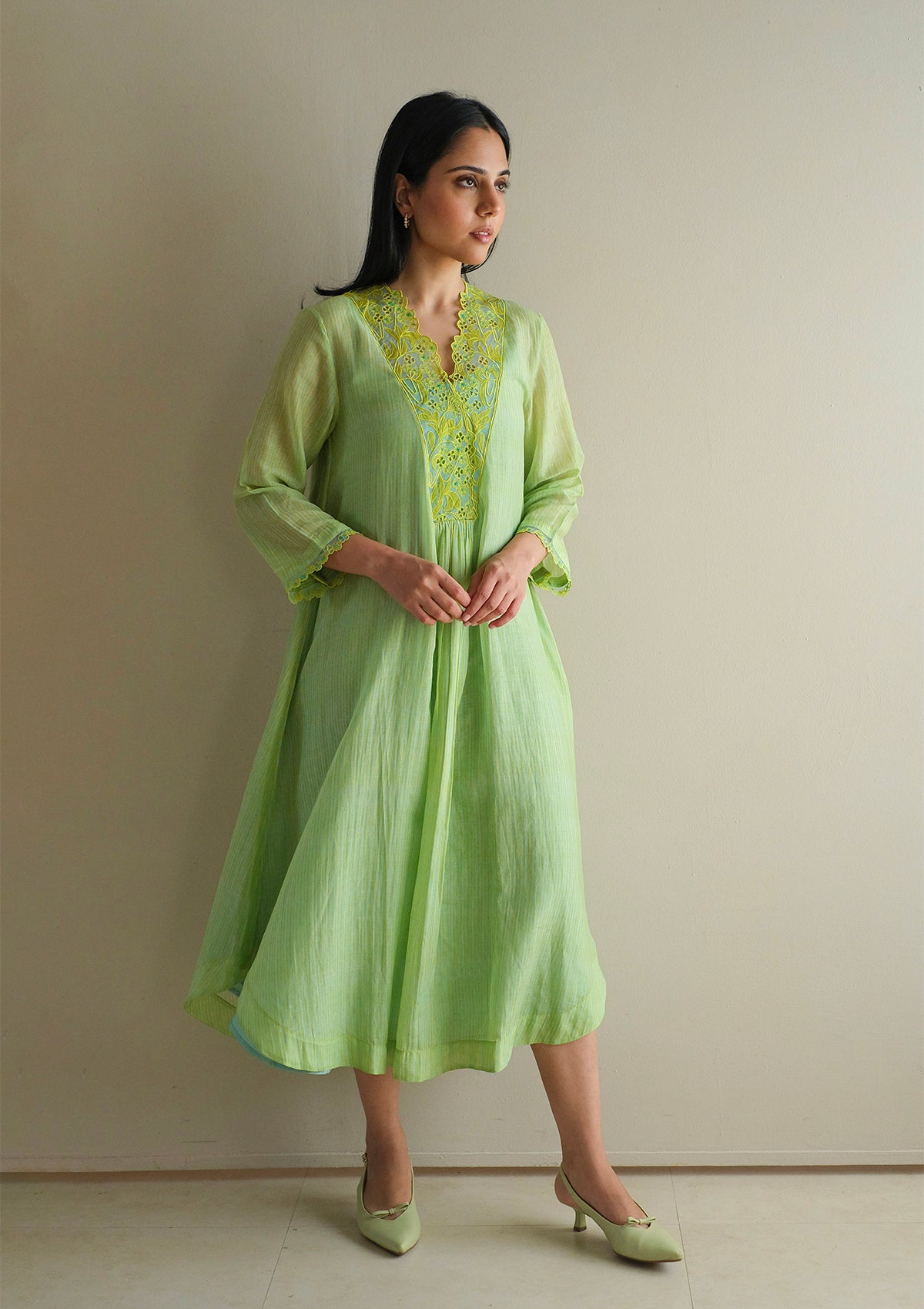 English Morning Green Embroidered Dress
