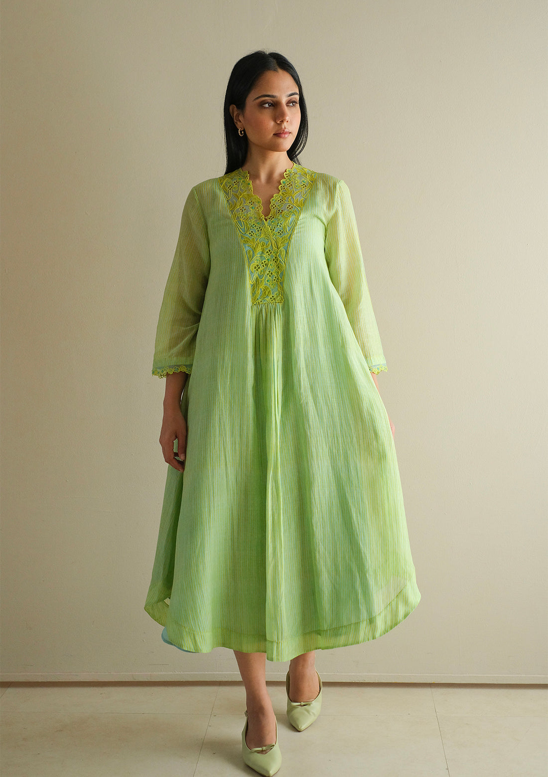 English Morning Green Embroidered Dress