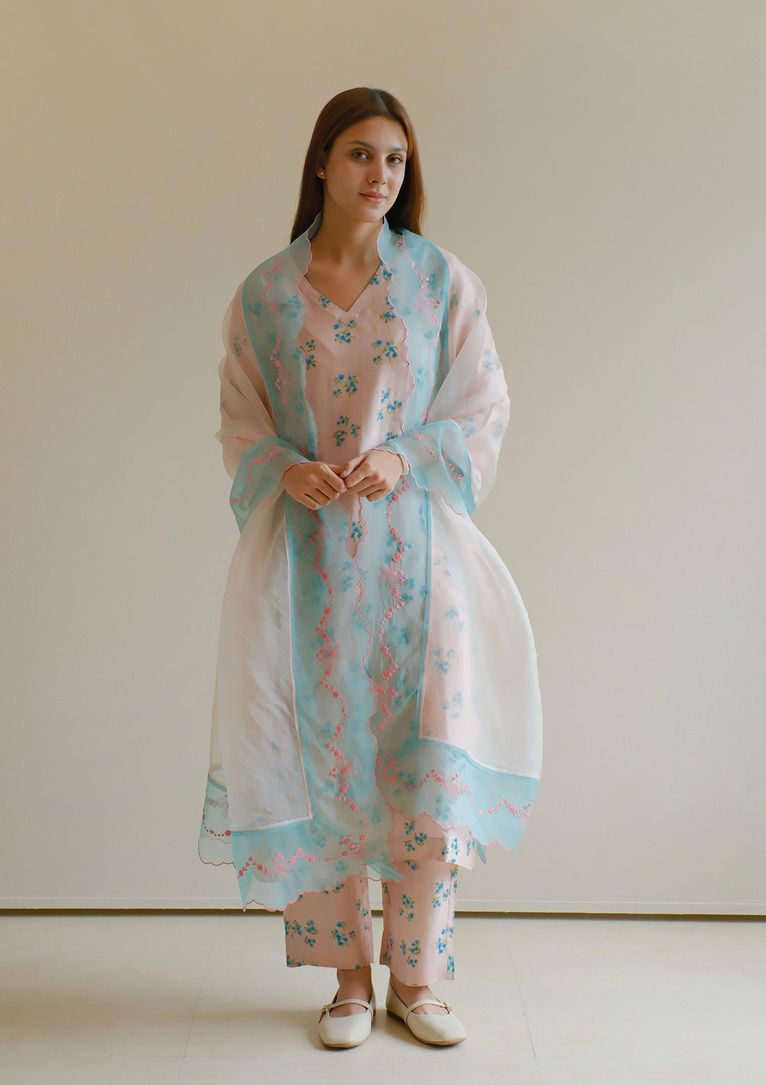 Floral Symphony Embroidered Pink Dupatta
