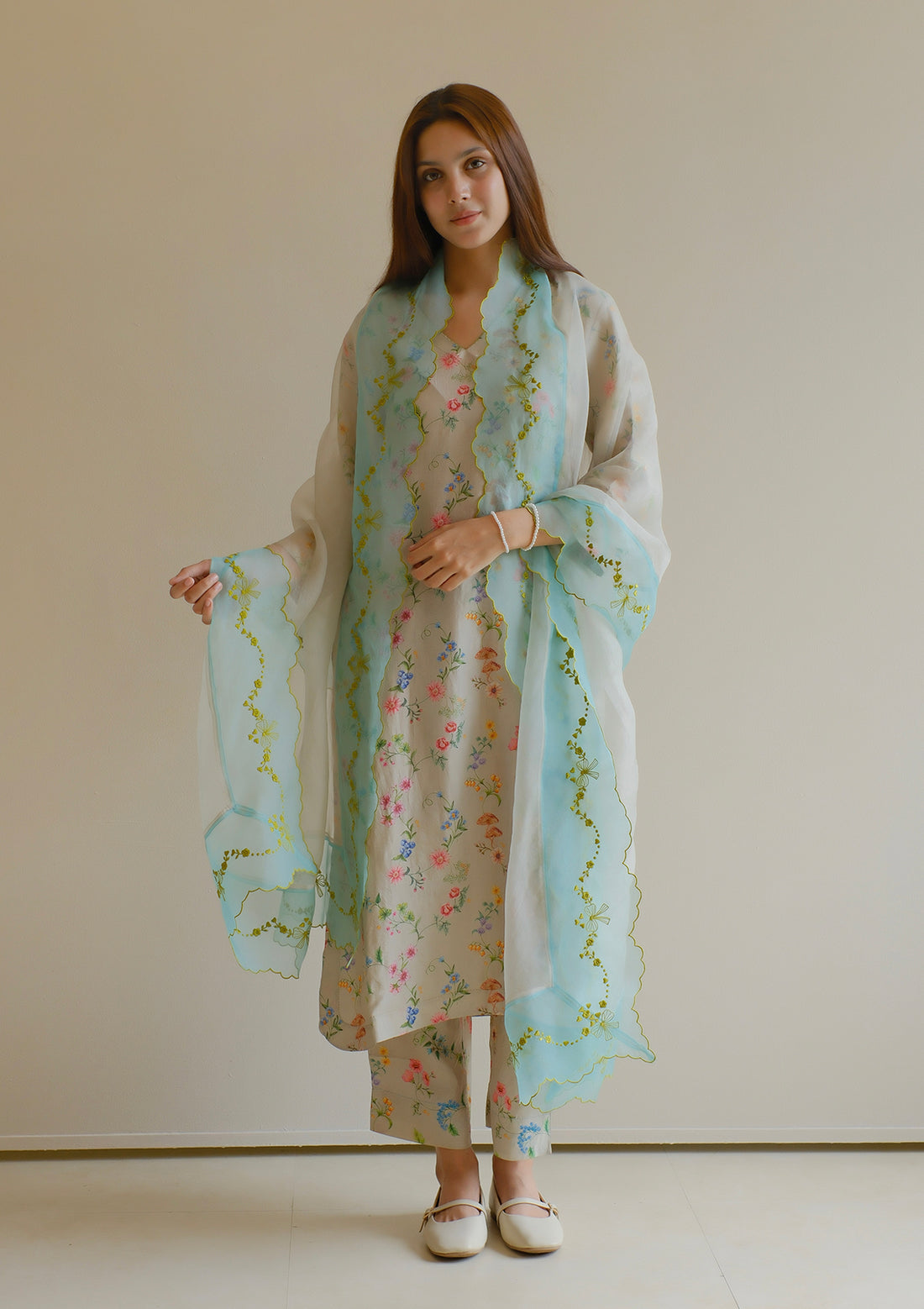 Floral Symphony Embroidered Beige Dupatta