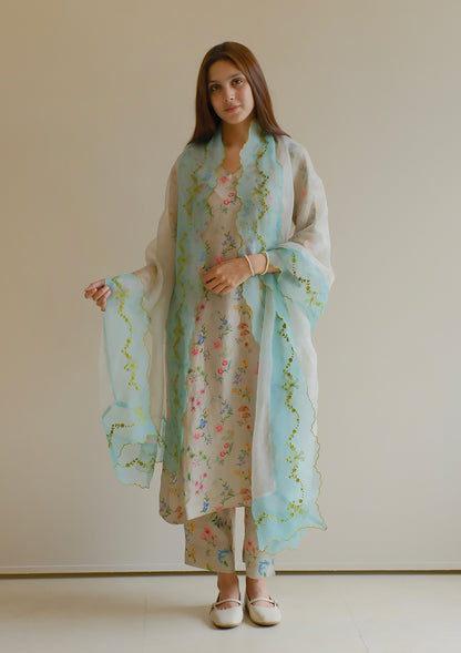 Floral Symphony Embroidered Beige Dupatta