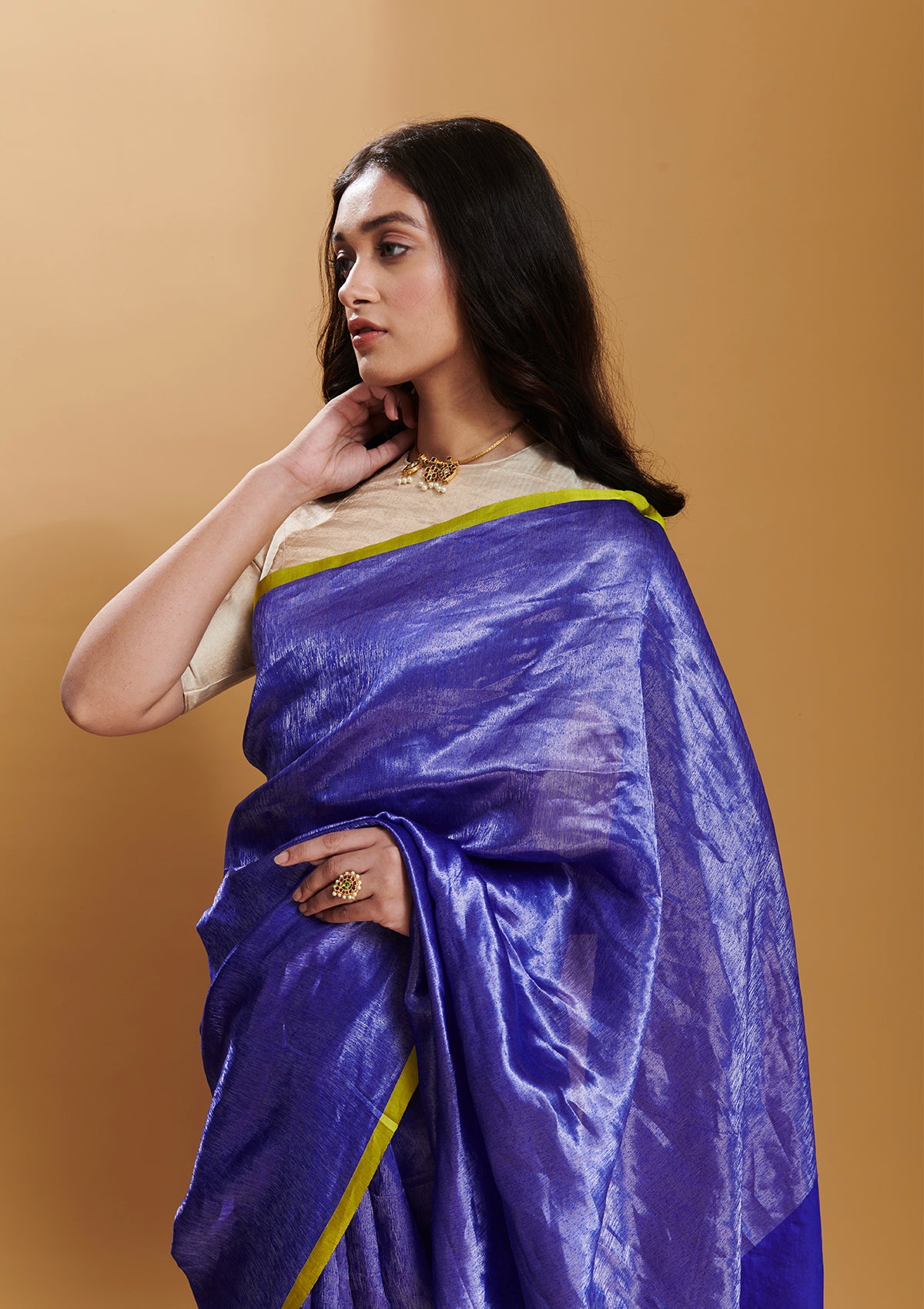 Blue handloom saree from Surmaye, made with handwoven mulberry silk zari. Contrasting yellow satin border. 