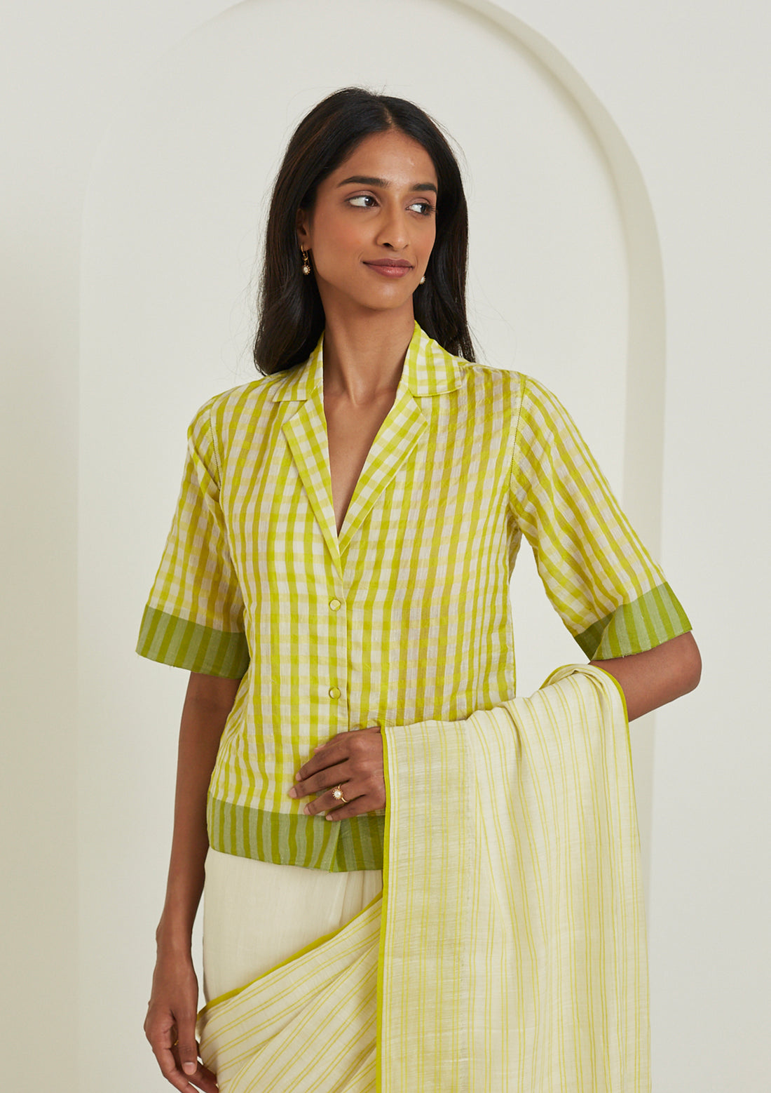 Lime designer blouse in softest handwoven silk khadi, from Surmaye. Gingham checks pattern in a shirt silhouette.