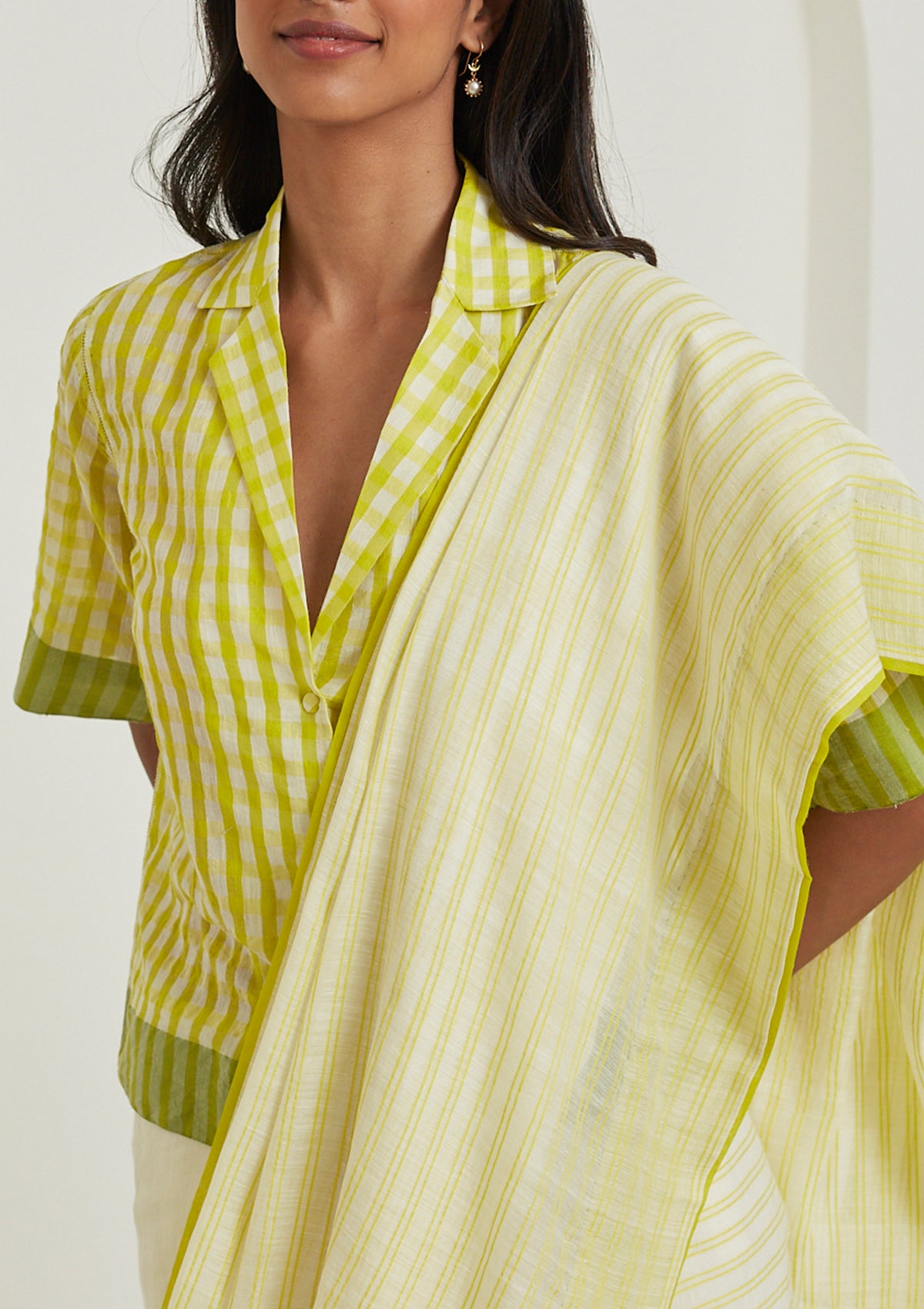 Lime designer blouse in softest handwoven silk khadi, from Surmaye. Gingham checks pattern in a shirt silhouette. 