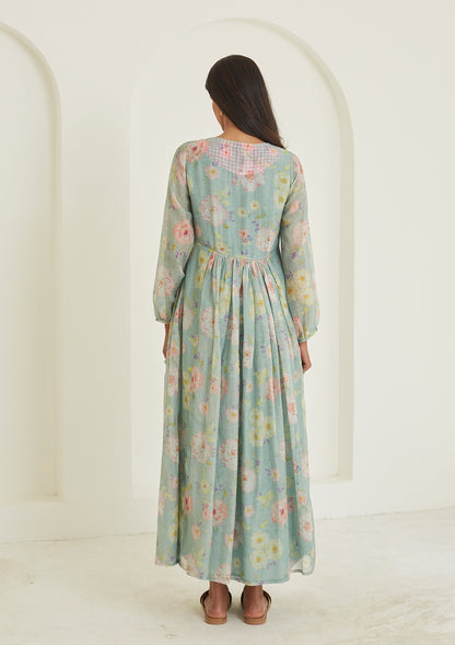 vHandwoven maxi dress in sooti chanderi, from Surmaye. Sage green dress with hand-painted floral print. 