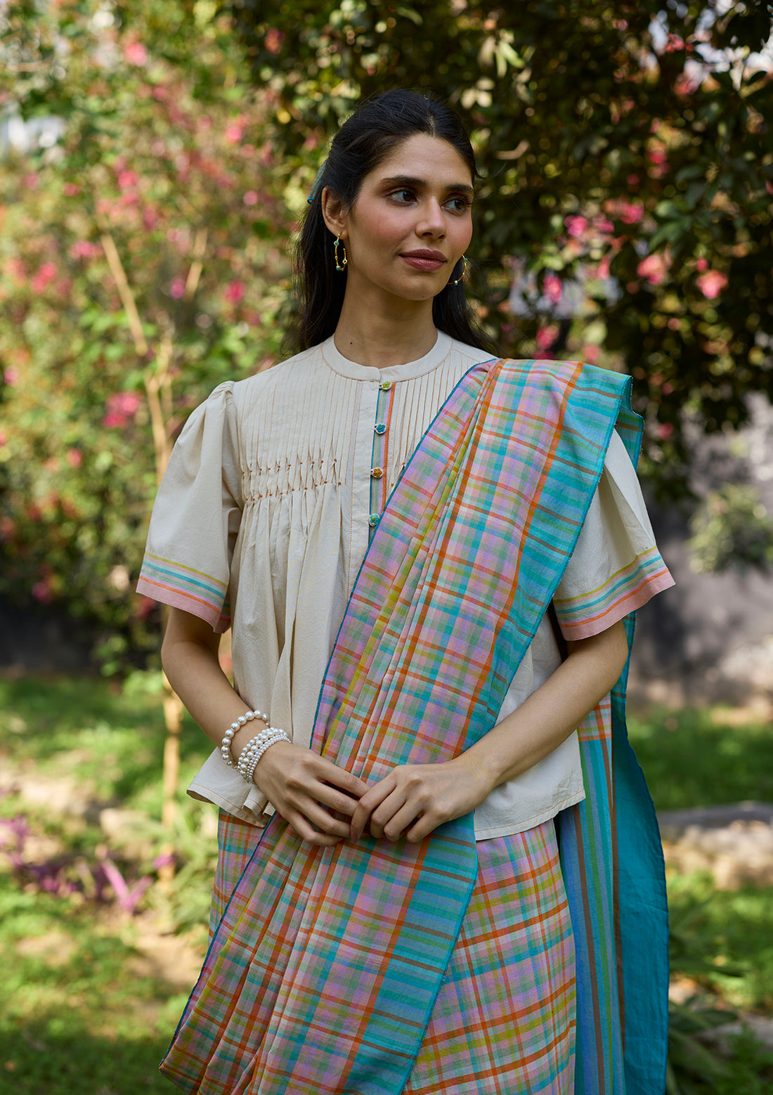 Field-to-Shore Checkered Saree