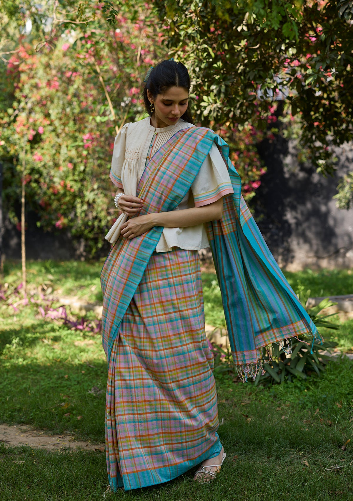 Field-to-Shore Checkered Saree