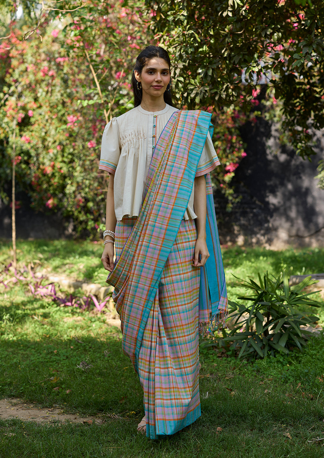 Field-to-Shore Checkered Saree