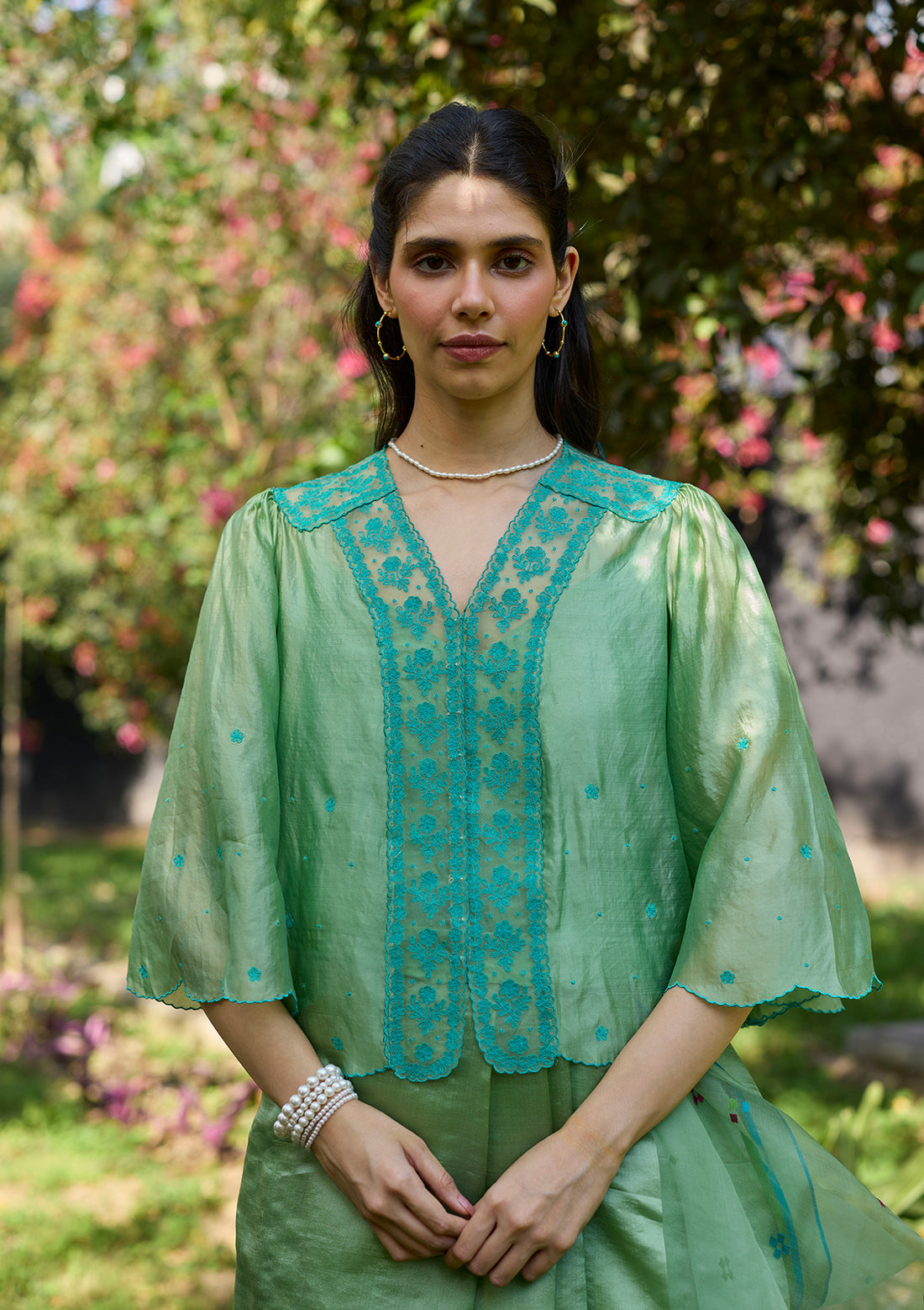 River Fork Green Embroidered Blouse
