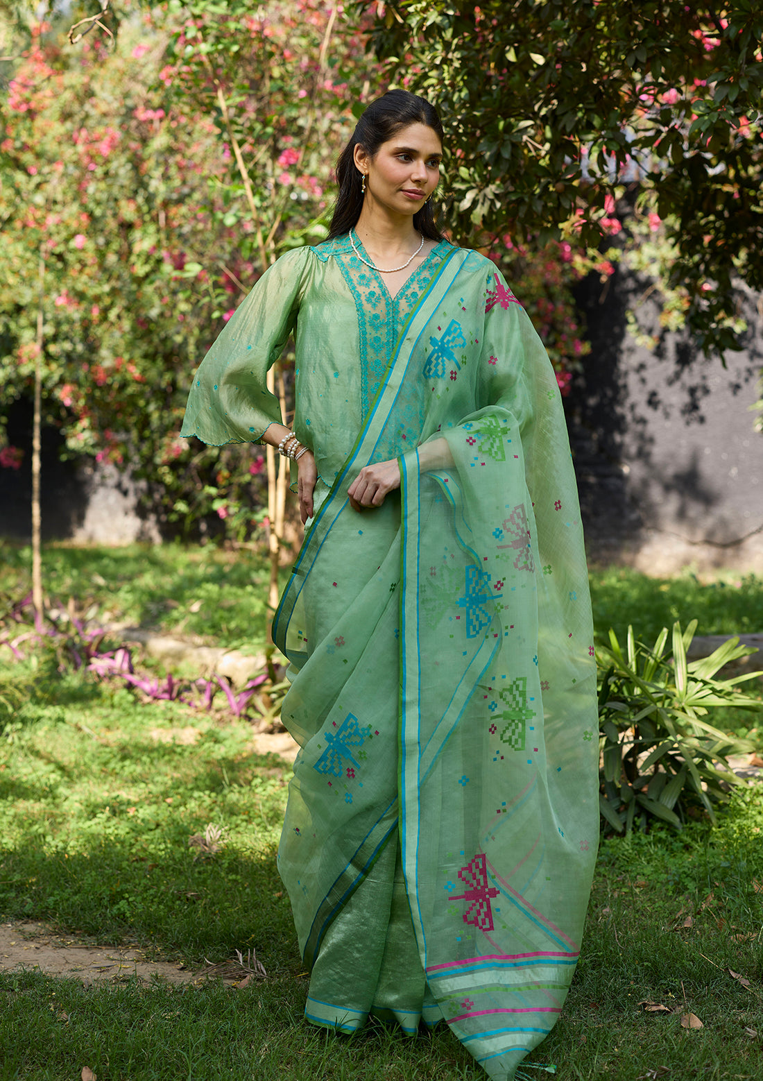 Garden Butterfly Green Jamdani Saree