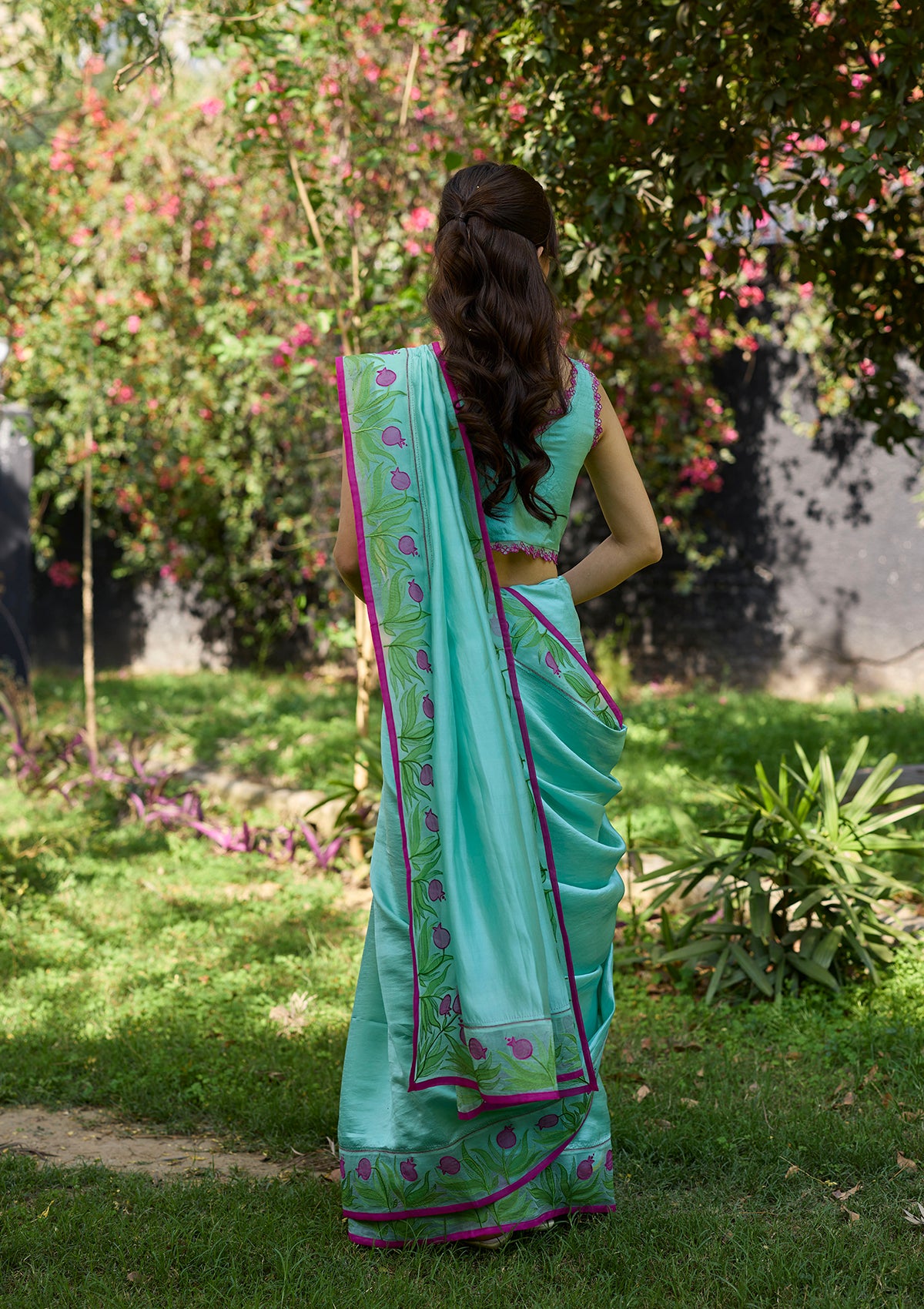 Pomegranate Trail Blue Embroidered Saree