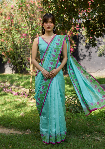 Pomegranate Trail Blue Embroidered Saree