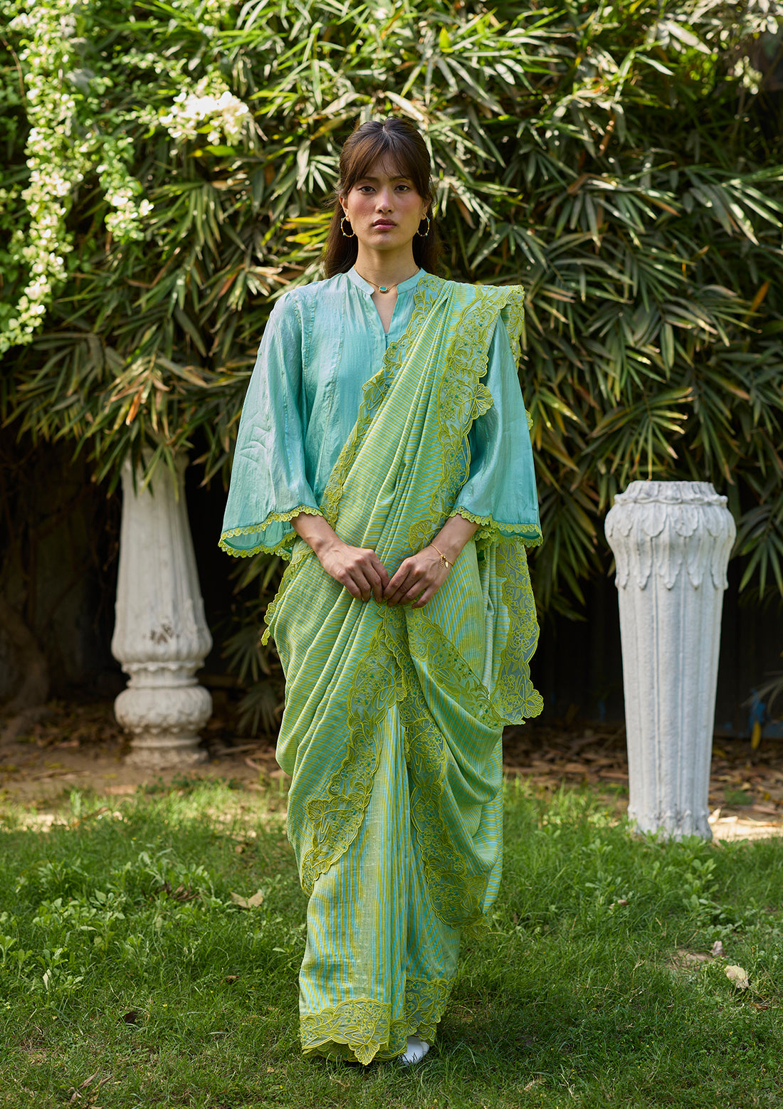 English Morning Green Embroidered Saree
