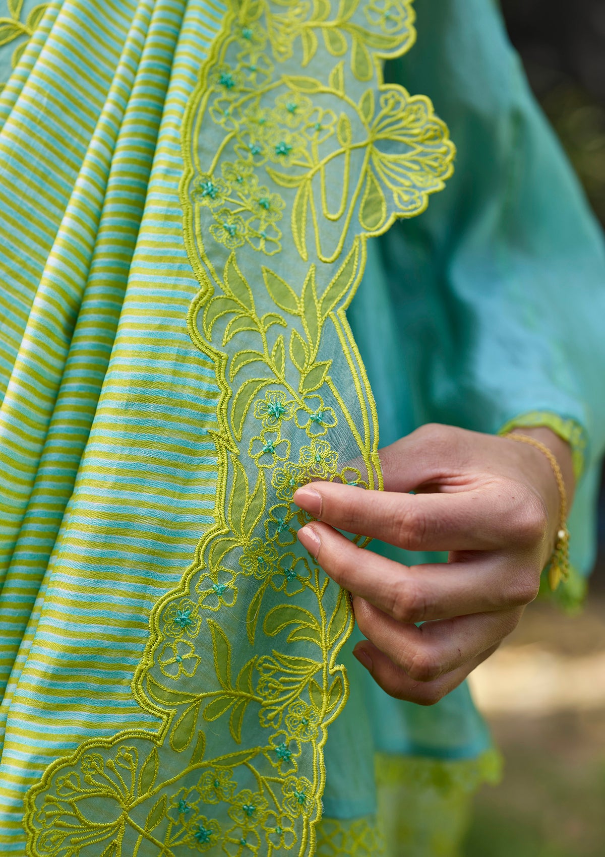 English Morning Green Embroidered Saree