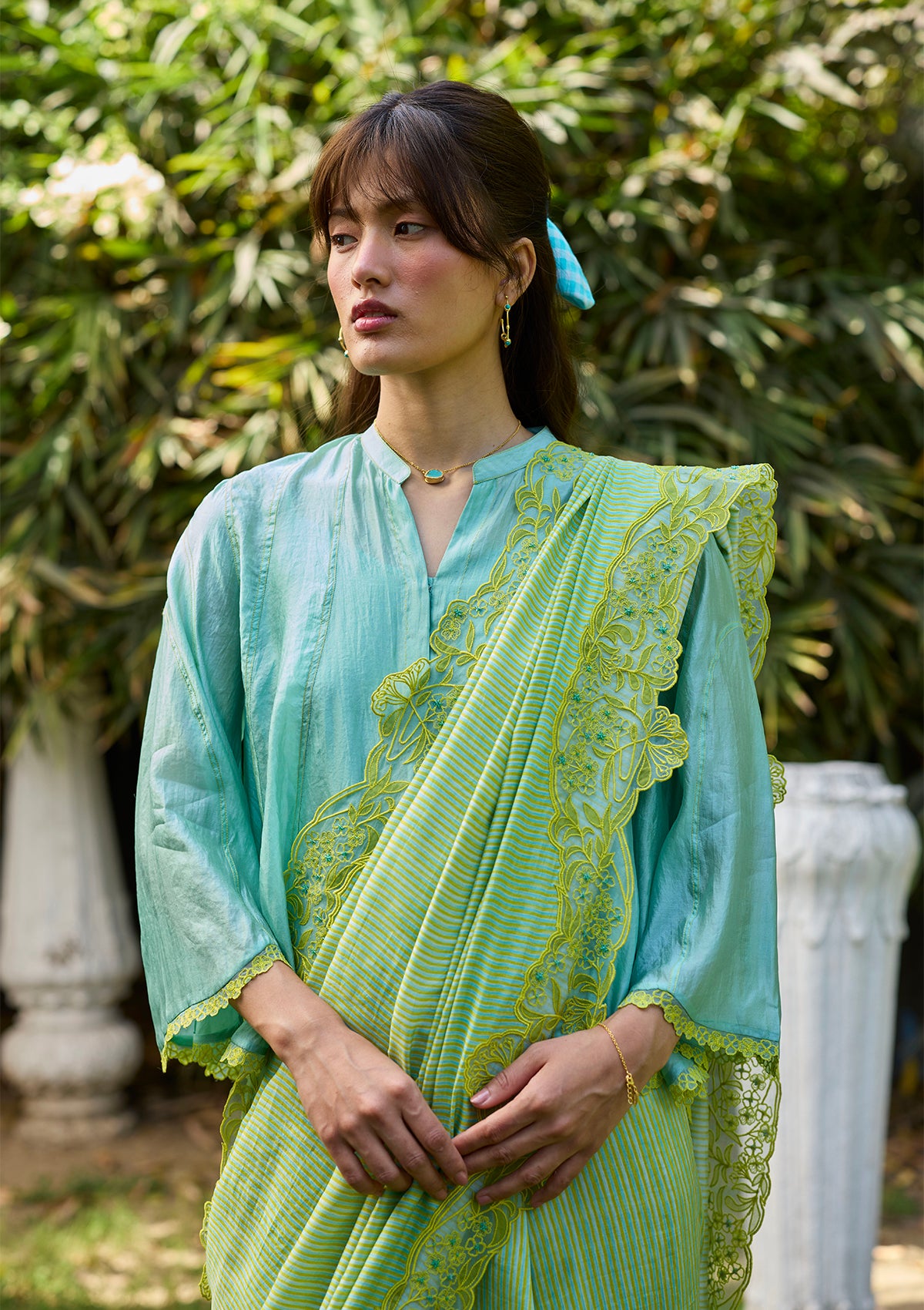 English Morning Green Embroidered Saree