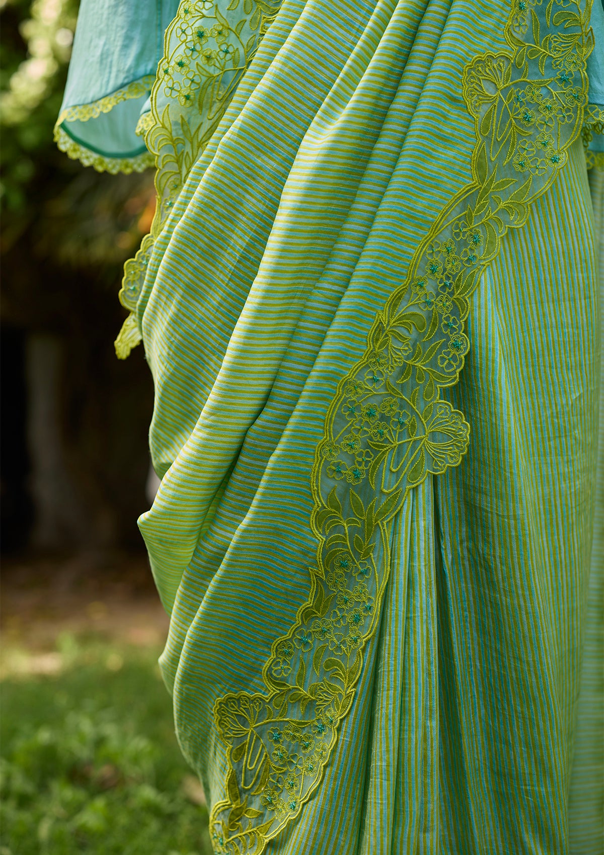 English Morning Green Embroidered Saree