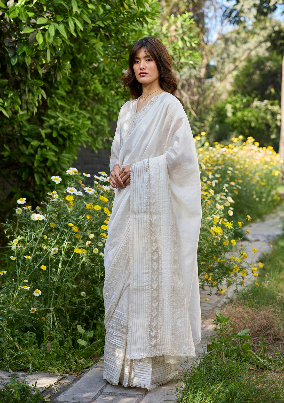 Wander Trail Ivory Embroidered Saree