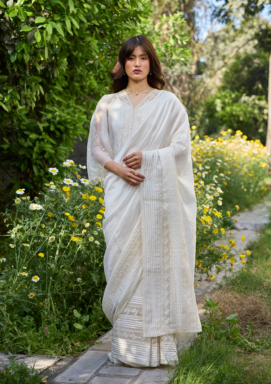Wander Trail Ivory Embroidered Saree