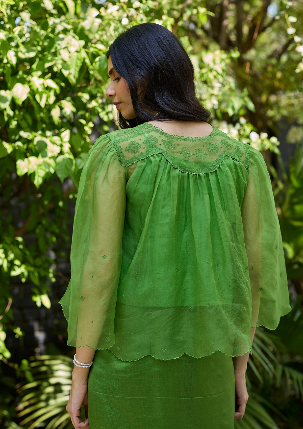 Wander Trail Green Embroidered Blouse