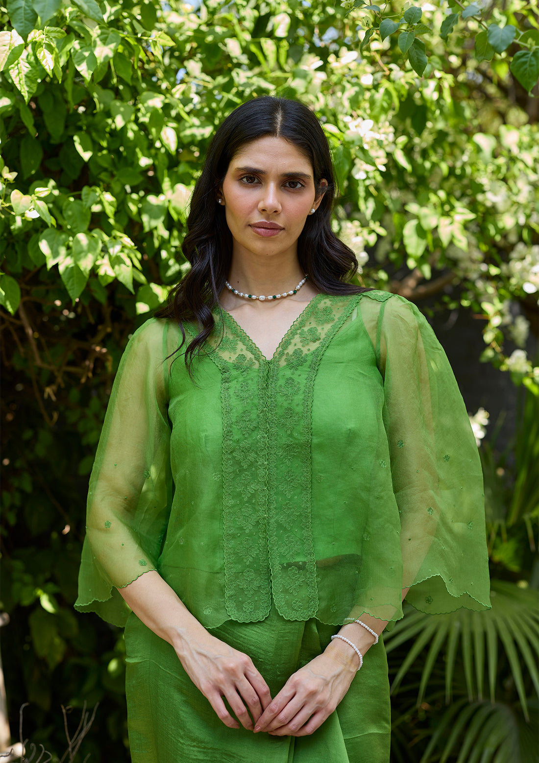 Wander Trail Green Embroidered Blouse