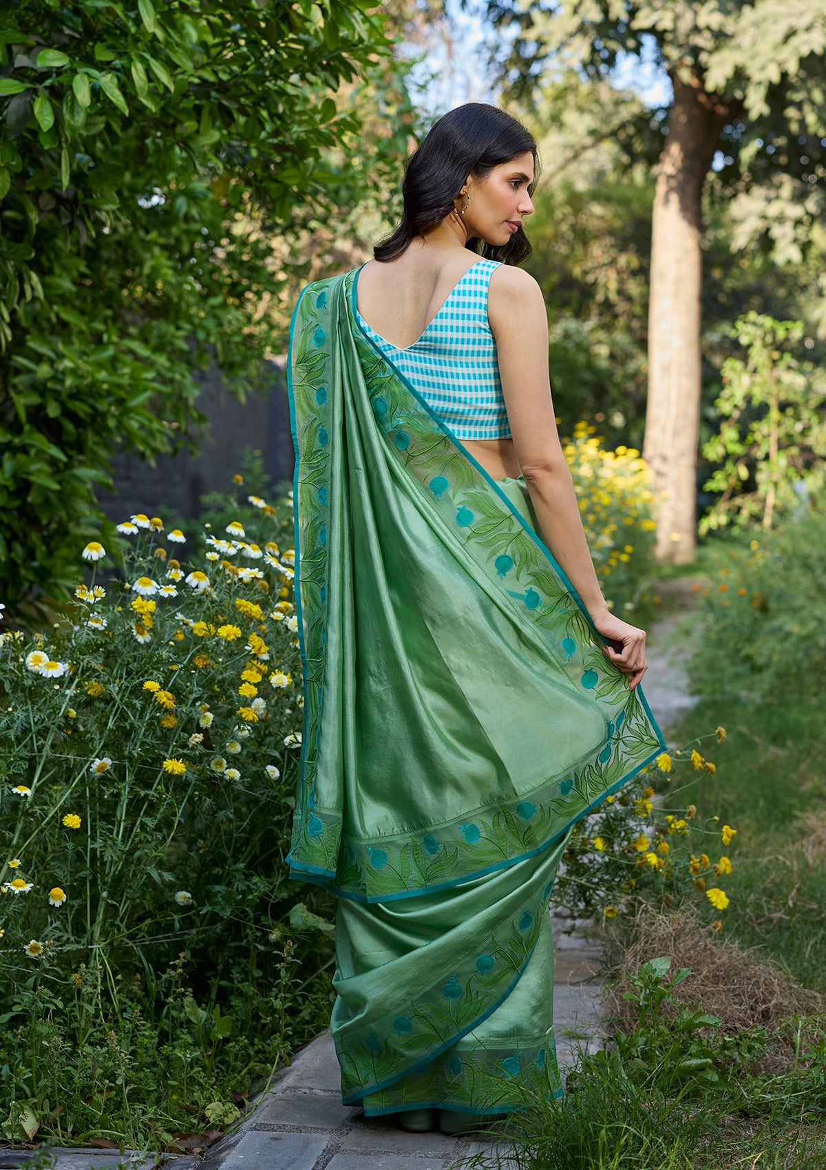 Pomegranate Trail Green Embroidered Saree