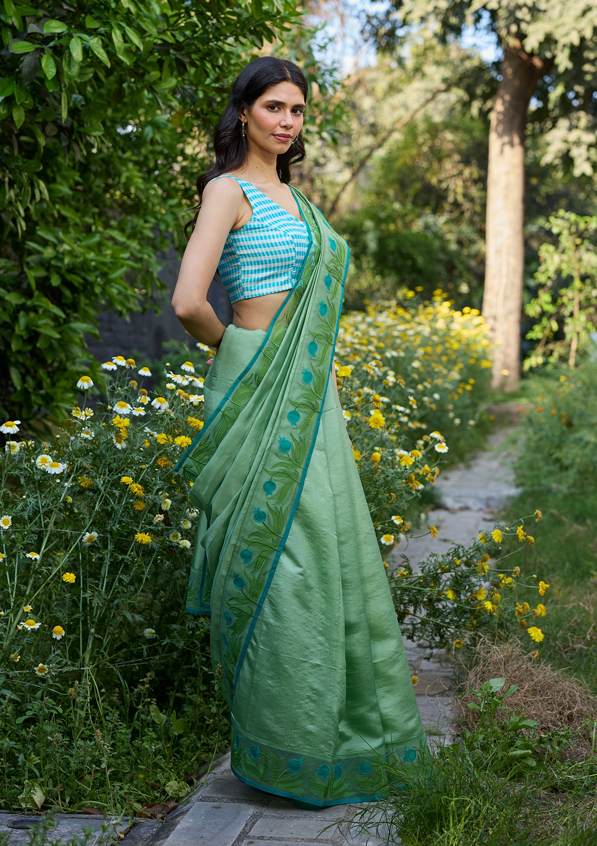 Pomegranate Trail Green Embroidered Saree