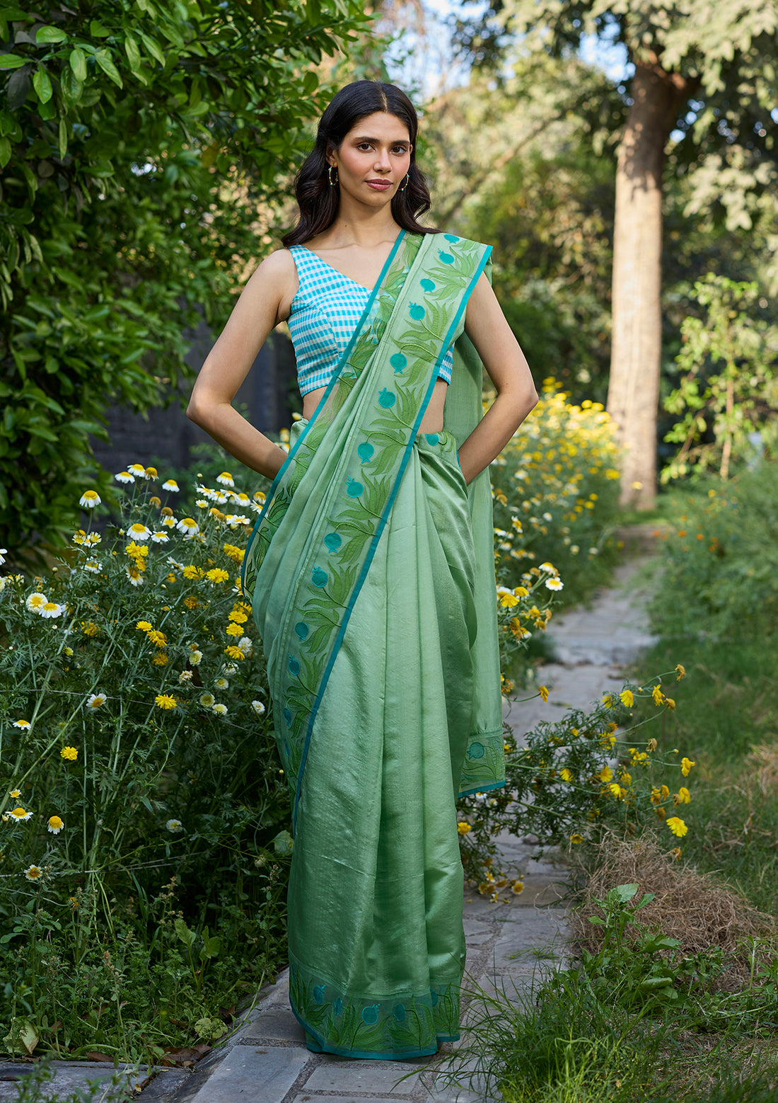 Pomegranate Trail Green Embroidered Saree