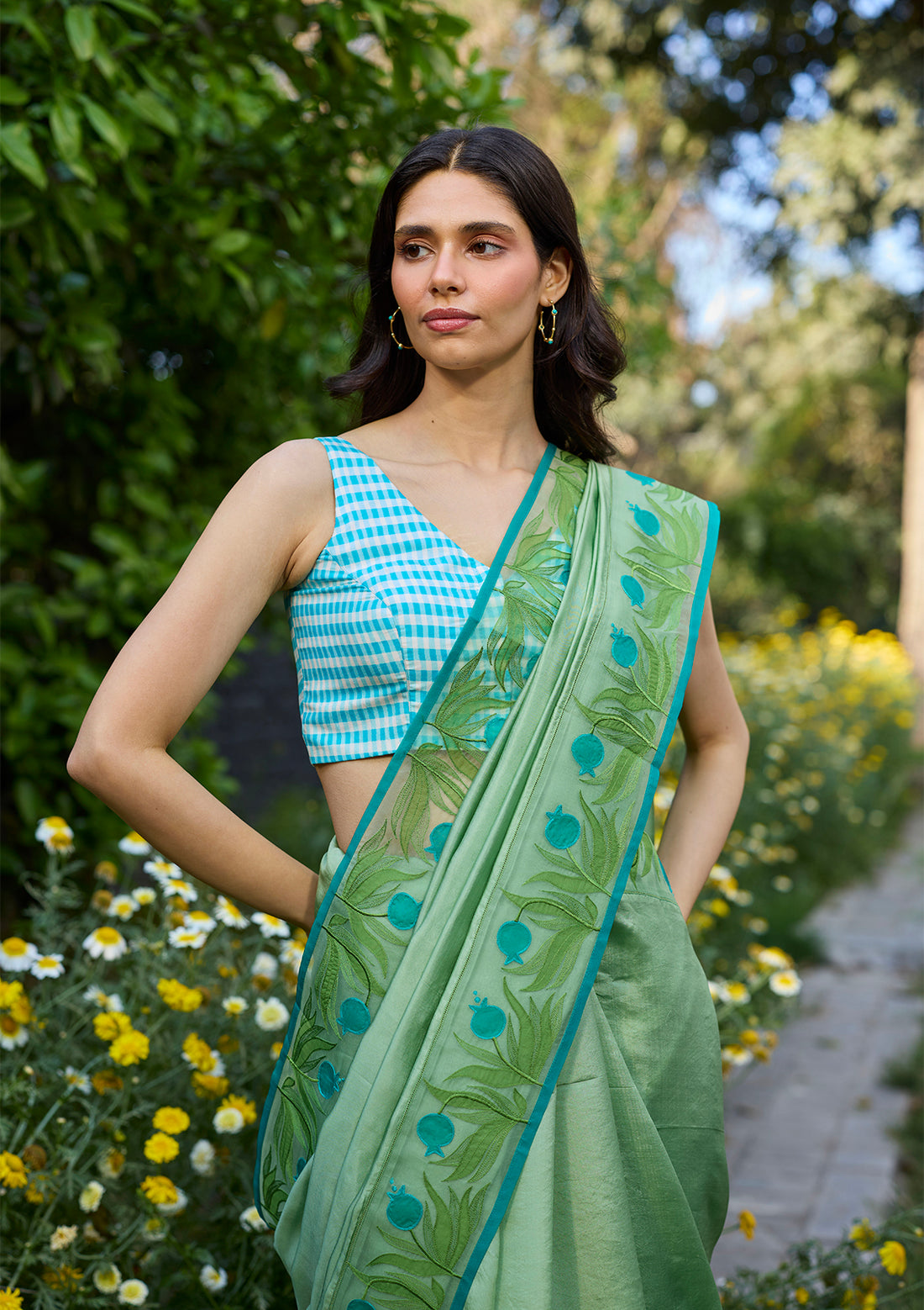 Pomegranate Trail Green Embroidered Saree