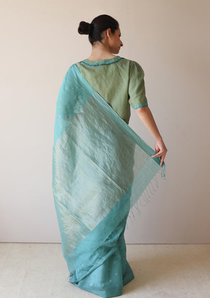 Teal Wildflower Meadow Jamdani Saree