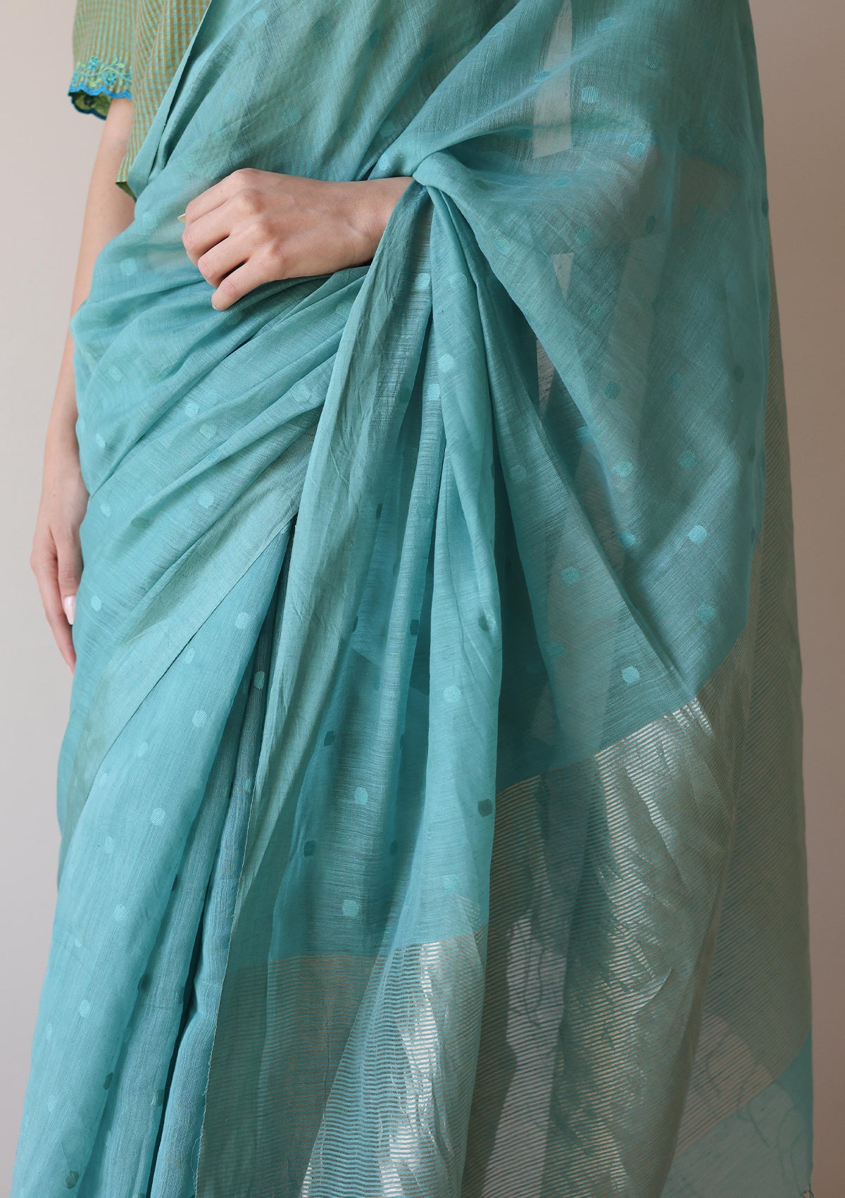 Teal Wildflower Meadow Jamdani Saree