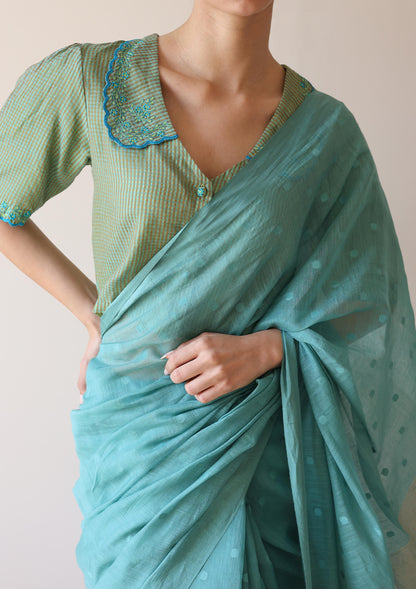Teal Wildflower Meadow Jamdani Saree