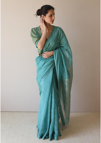 Teal Wildflower Meadow Jamdani Saree