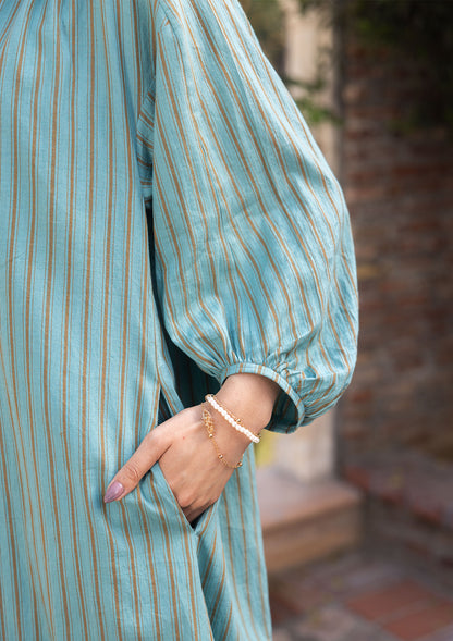 Lost-in-Time Striped Teal Kurta Set