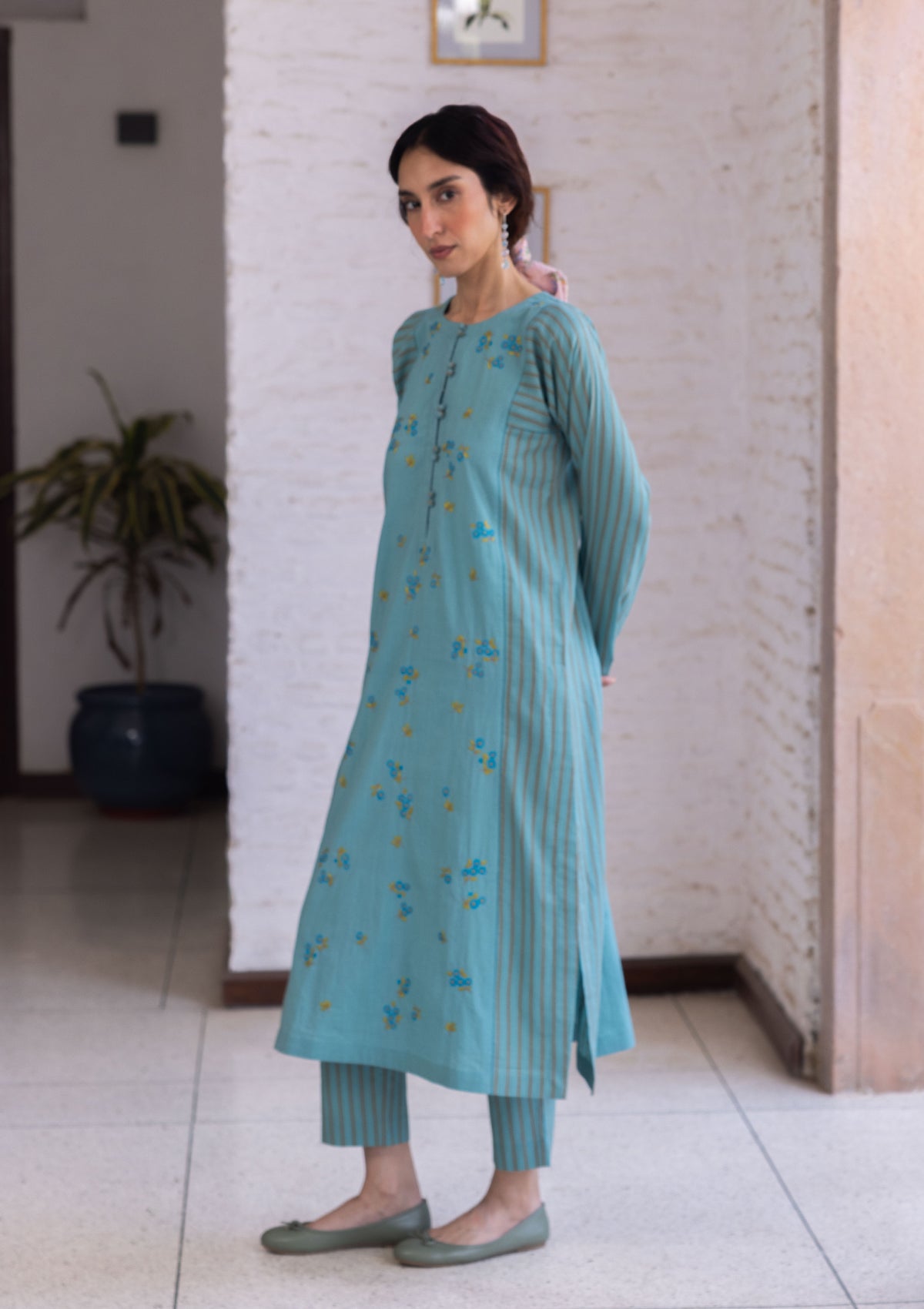 Tender Petals Teal Kurta Set