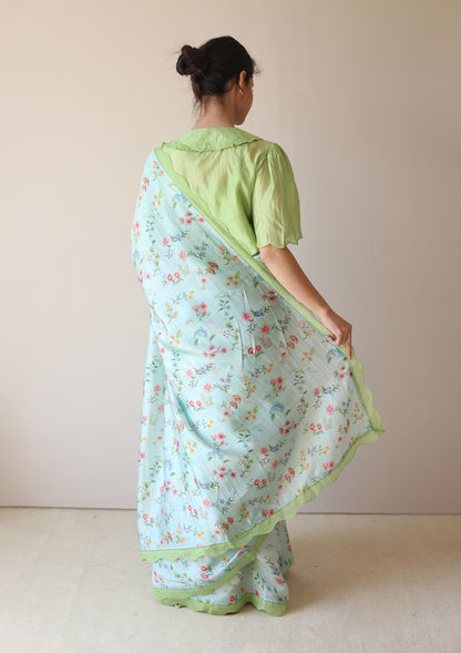 Forest Breeze Blue Scalloped Saree