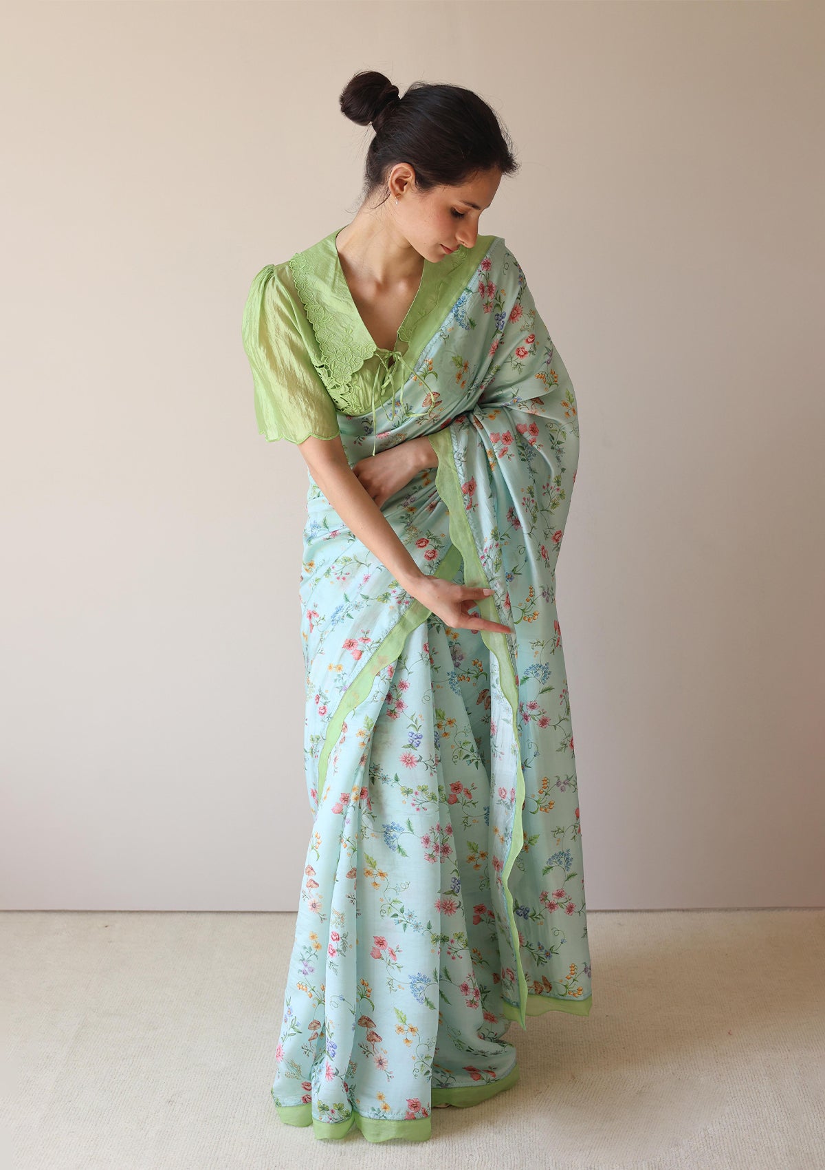 Forest Breeze Blue Scalloped Saree