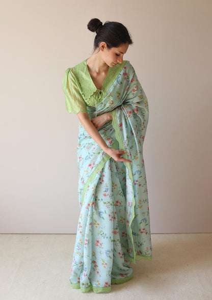 Forest Breeze Blue Scalloped Saree