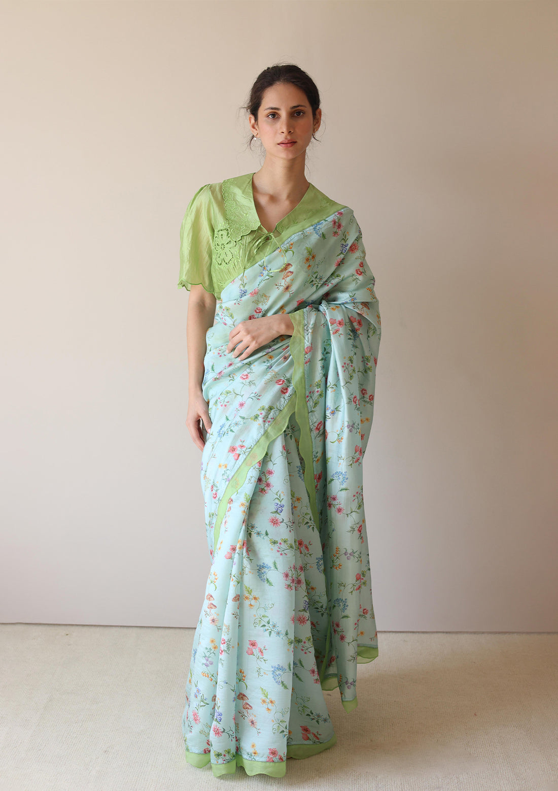 Forest Breeze Blue Scalloped Saree