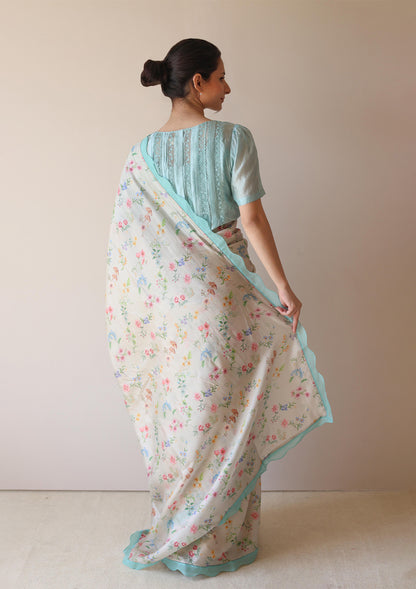 Forest Breeze Beige Scalloped Saree
