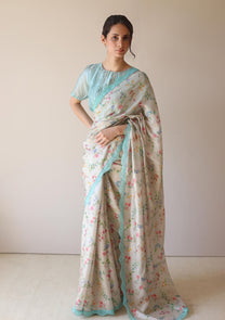 Forest Breeze Beige Scalloped Saree