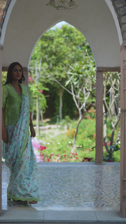 Forest Breeze Blue Scalloped Saree