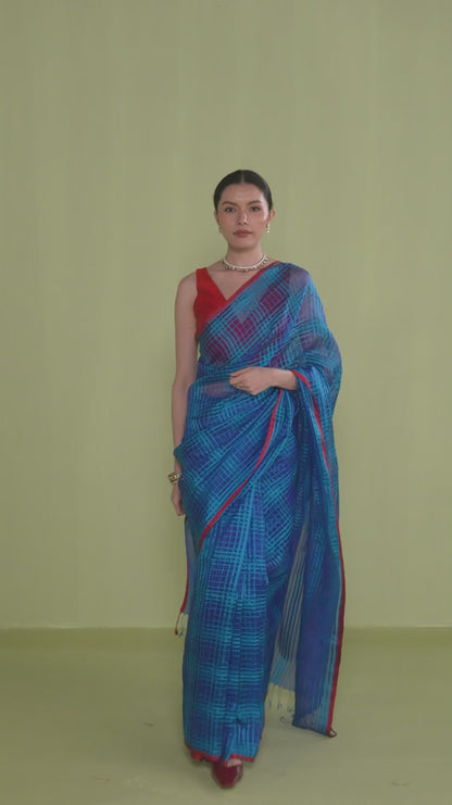 A-Walk-in-Blue Checkered Saree