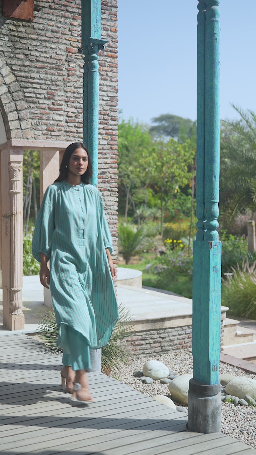 Lost-in-Time Striped Teal Kurta Set