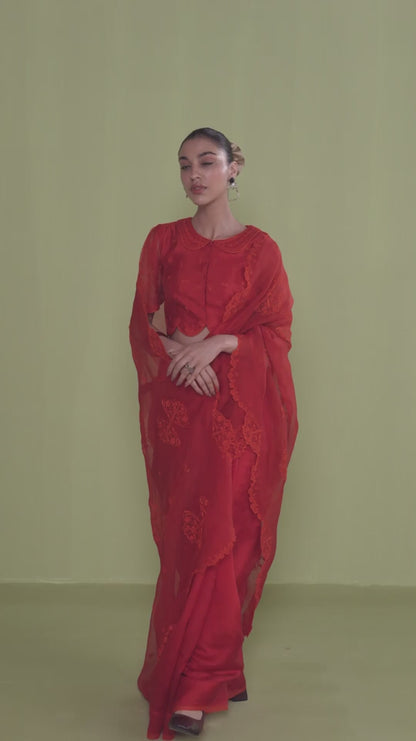 Flutter &amp; Bloom Embroidered Red Saree