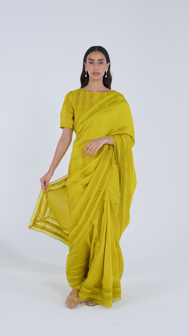Whispering Ivy Embroidered Yellow Saree