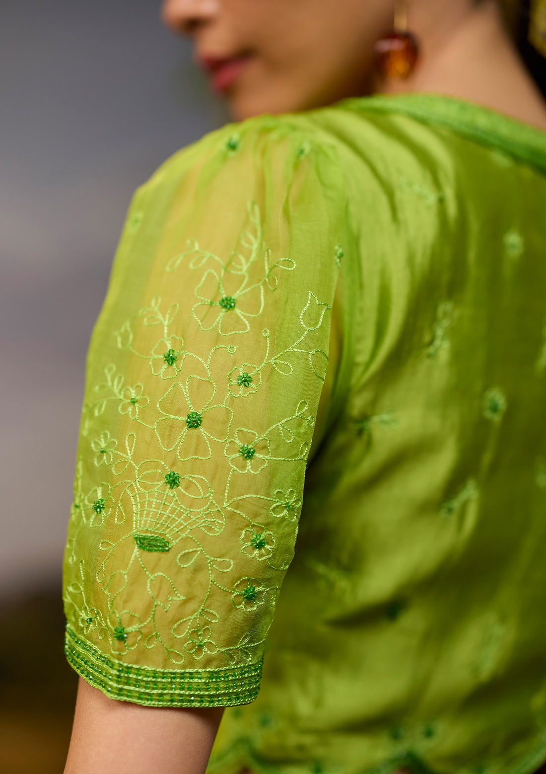 Framed-in-Bloom Embroidered Green Blouse