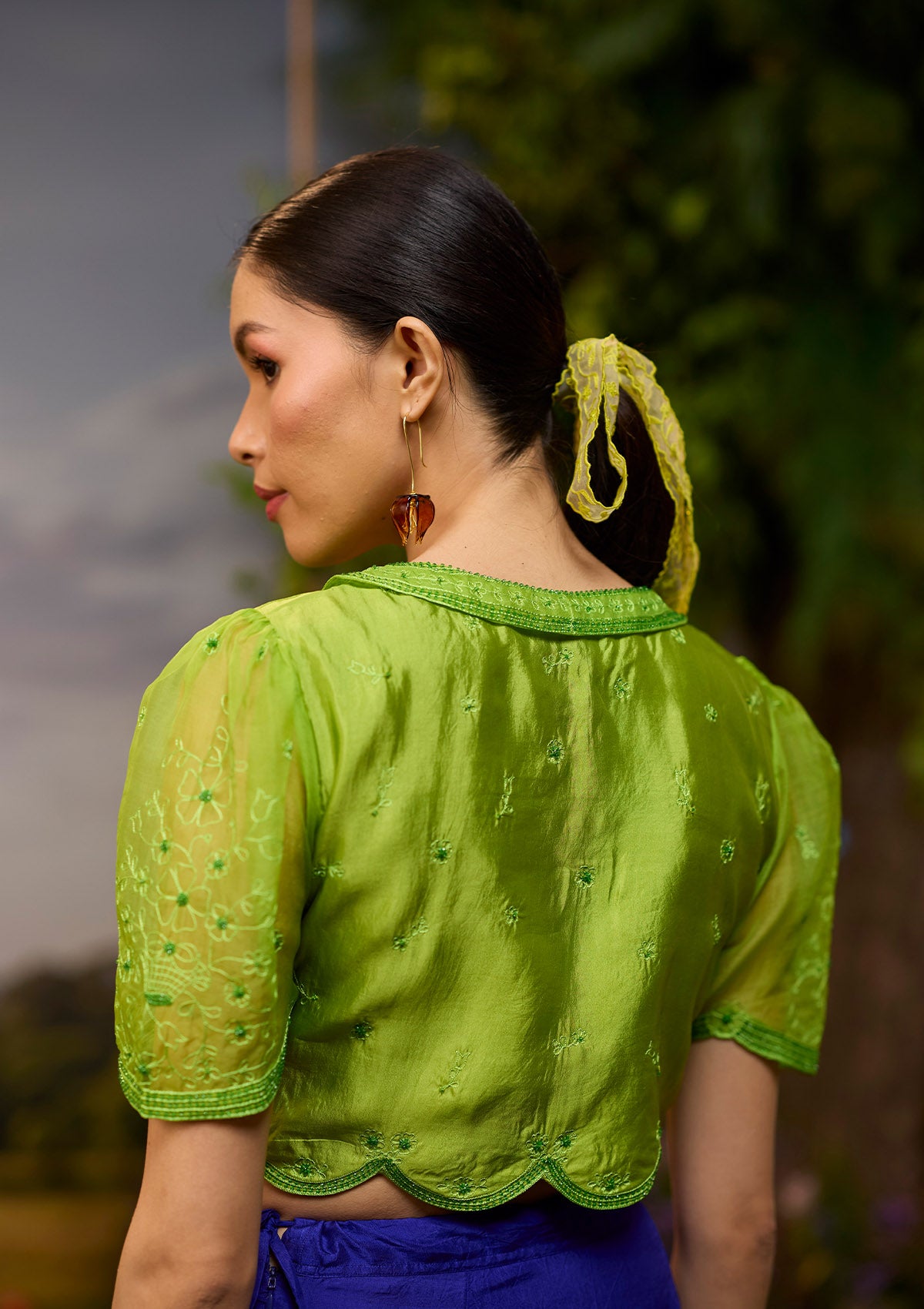 Framed-in-Bloom Embroidered Green Blouse