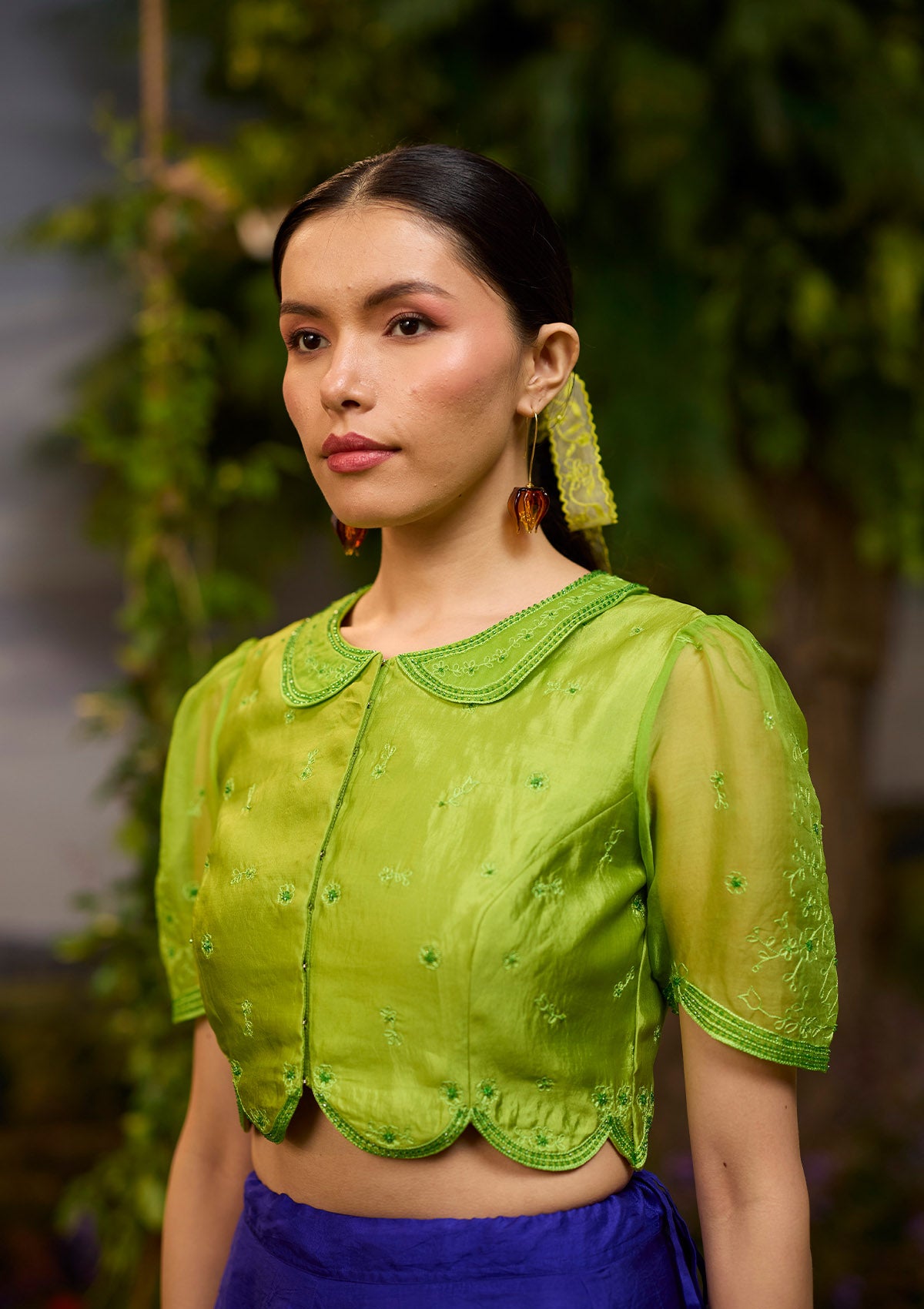 Framed-in-Bloom Embroidered Green Blouse